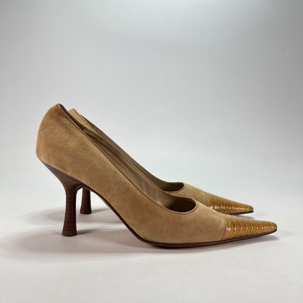 CHANEL Beige Croc Leather Cap Toe Pointed Heel Pumps Women's Size US 6.5 EU 37